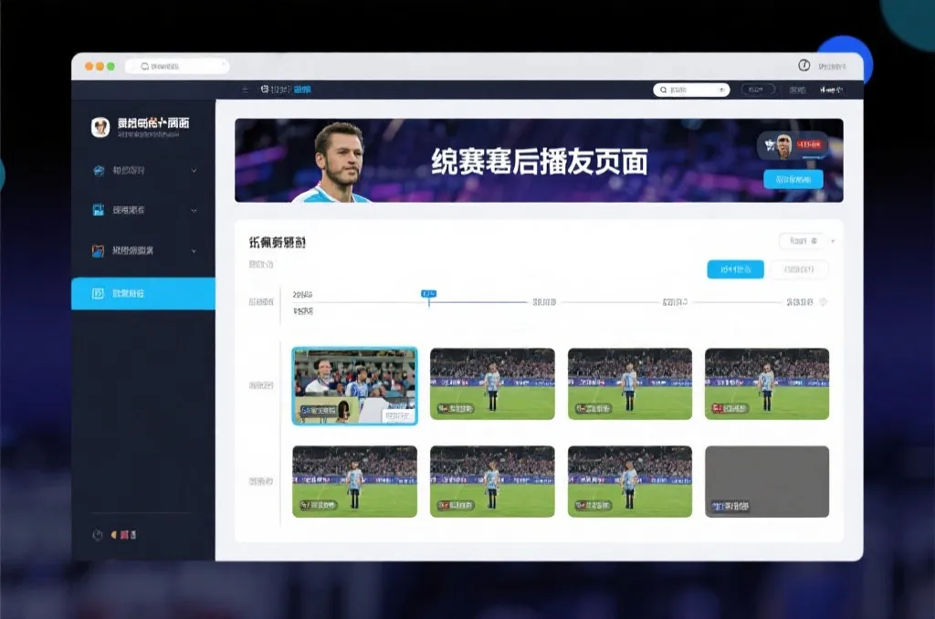 比赛结束后，电视屏幕展示集锦回放页面，旁边有时间轴和多角度切换提示